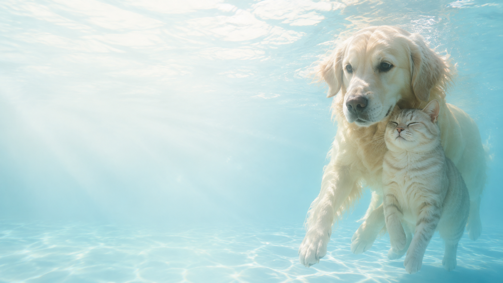水葬をイメージした水中の犬と猫